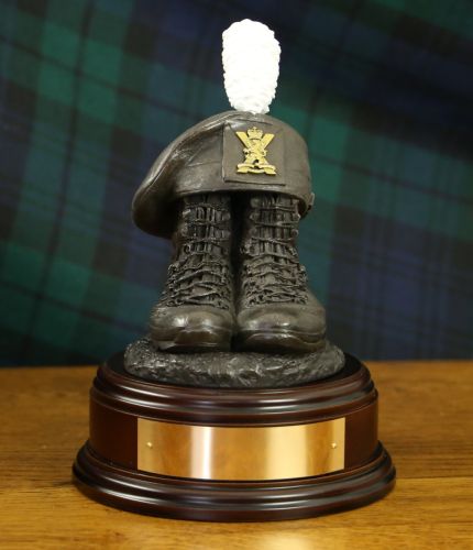 2nd Battalion, Royal Regiment of Scotland Boots and TOS, cast in cold resin bronze and mounted on a square presentation base with included optional engraved brass plate. There's a choice of wooden bases.