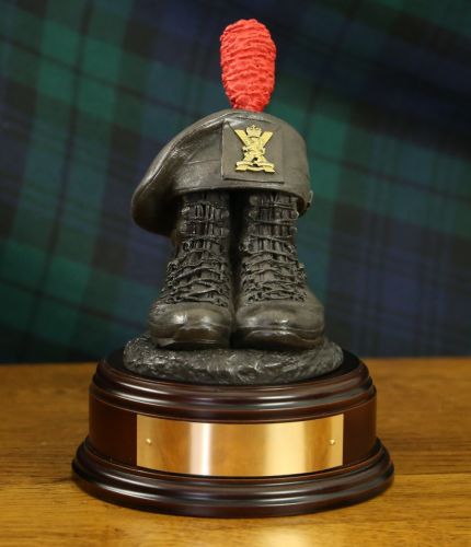 3rd Battalion, Royal Regiment of Scotland Boots and TOS, cast in cold resin bronze and mounted on a choice of base with included optional engraved brass plate. There's a choice of wooden bases.