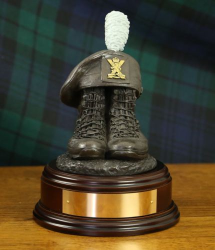 6th Battalion, Royal Regiment of Scotland Boots and TOS, cast in cold resin bronze and mounted on a choice of base with included optional engraved brass plate. There's a choice of wooden bases.