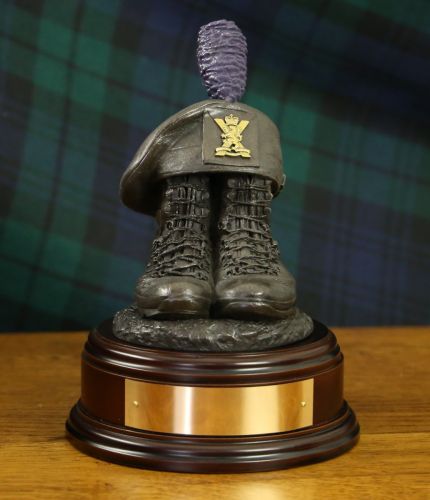 7th Battalion, Royal Regiment of Scotland Boots and TOS, cast in cold resin bronze and mounted on a choice of base with included optional engraved brass plate. There's a choice of wooden bases.
