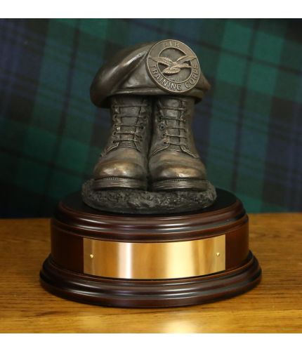 Air Training Corps or ATC Boots and Beret commemorative military sculpture and farewell gift. We offer a choice of wooden base and include a brass plate on the BB2 and BB3 options.