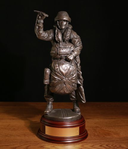 PX4 'Red On' - 12" scale cold cast bronze resin sculpture of a 1960's to 1980's British Airborne Forces Paratrooper. We offer a choice of bases and an engraved brass plate is included.