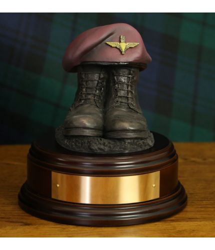 Here we've made a bronze pair of Boots with hand painted Airborne Forces Red Beret. On the Beret we can add a brass version of your cap badge (there is a selection to choose from). We also offer a choice of wooden bases, with or without engraving. 