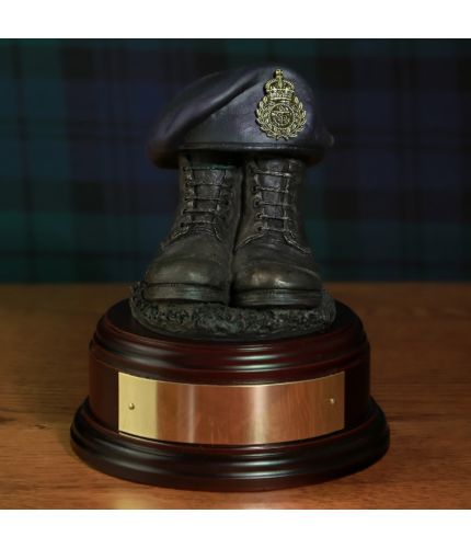 Royal Navy Boots & Navy Blue Beret choose your rank. On the Blue Beret we can add a brass version of your Royal Navy rank badge (there is a selection to choose from). We also offer a choice of wooden bases, with or without engraving.
