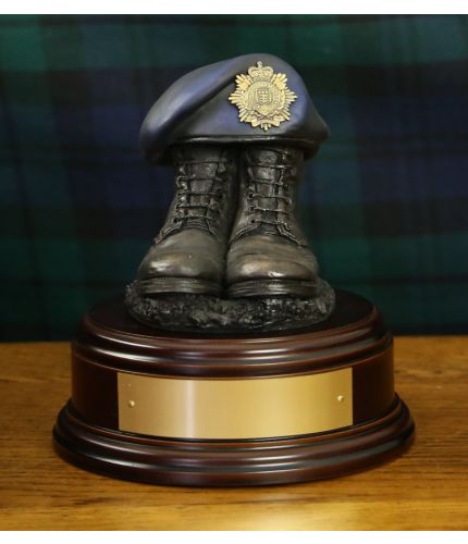 Here we've made a pair of Old Drill Boots with hand painted blue beret. On the Beret we can add a brass version of your cap badge (please tell us which one). We also offer a choice of wooden bases, with or without engraving. 