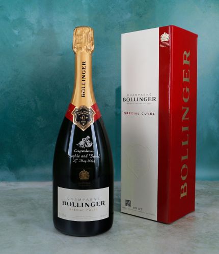 A 75cl bottle of Bollinger Special Cuvee Champagne.  The perfect celebration gift which we further enhance with your own message and design on the front. We work with you after ordering and agree the design prior to engraving. 