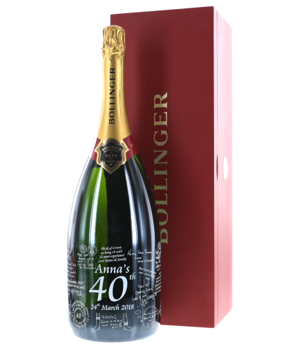 Fully personalised boxed JEROBOAM bottle of Bollinger Special Cuvée Champagne. 300cl's of one of the finest sparkling French Champagnes available. Truely magnificent gifts for your friends, family and colleagues, this is a beautiful gift boxed Champagne B