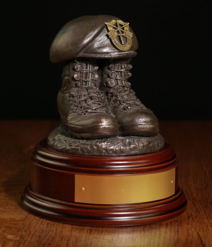 Green Berets, USA Special Forces, Tactical Boots and Beret, cast in cold resin bronze and mounted on a variety of wooden presentation bases. Some with included optional engraved brass plate.
