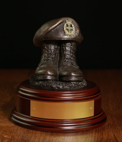 Queen Alexandra's Royal Army Nursing Corps or QARANC Boots and Beret commemorative military sculpture and farewell gift. We offer a choice of wooden base, some options with engraved brass plates.