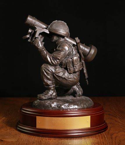 British Army Anti Tank Javelin sculpture, makes and Ideal regimental, Battalion, or sub unit farewell presentation award. Also a gift for a serving member or veteran of the British Army. Wooden base and engraved brass plate are included