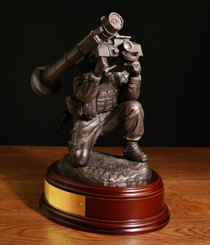 British Army Anti Tank Javelin sculpture, makes and Ideal regimental, Battalion, or sub unit farewell presentation award. Also a gift for a serving member or veteran of the British Army. Wooden base and engraved brass plate are included
