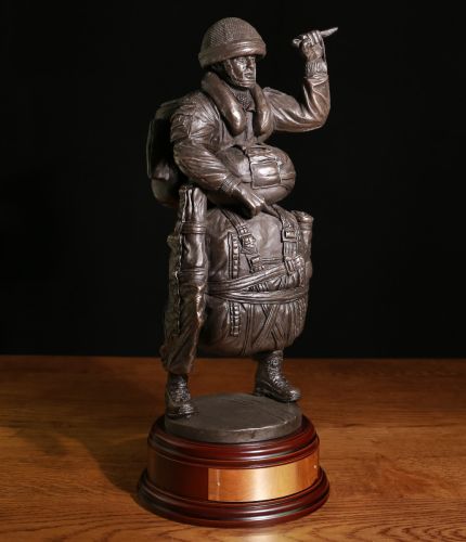 LLP Modern 'Red On' British Paratrooper. A 12" scale sculpture of a modern British Airborne Forces Paratrooper. We offer a selection of bases and an engraved brass plate is included.