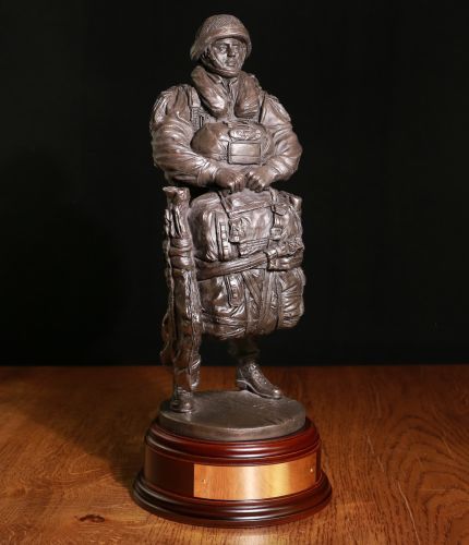 Green On, Go, 12" scale cold cast bronze resin sculpture of a British Airborne Parachute Regiment Paratrooper with a modern LLP Parachute. We offer a variety of finishes and base options.