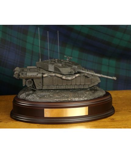 British Army Challenger 2 Main Battle Tank, Desertised, Bronze. The sculpture is mounted on a wooden base which is designed to take a cap badge and engraved plate. It makes an ideal military farewell gift or commemorative piece. 
