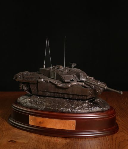 British Army Challenger 2 Main Battle Tank, Desertised, Bronze. The sculpture is mounted on a choice of wooden base which is designed to take a cap badge and engraved plate. It makes an ideal military farewell gift or commemorative piece.
