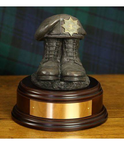 Coldstream Guards Boots and Beret, cast in cold resin bronze and sold on a choice of wooden bases with optional engraved brass plate.