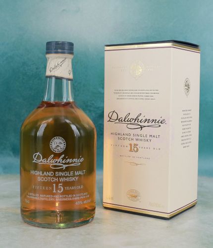 A bottle of 15 Year old Dalwhinnie Single Malt Highland Scotch Whisky. This bottle comes fully engraved with the brand and legal information on the back and your own design on the front.