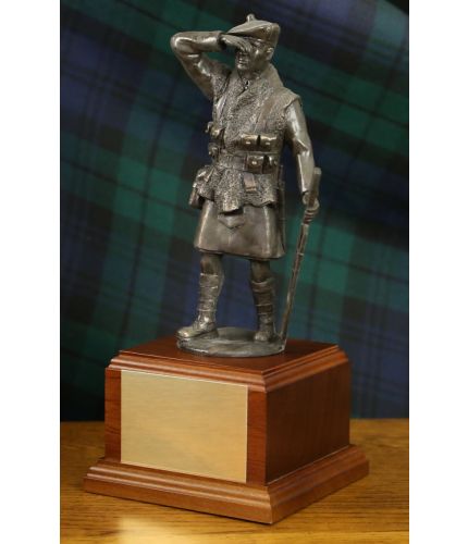 This is an 8" tall replica of the Dornoch War Memorial which depicts a World War 1 kilted soldier of the 51st Highland Division. We offer a choice of base and an engraved brass plate as standard with this sculpture.