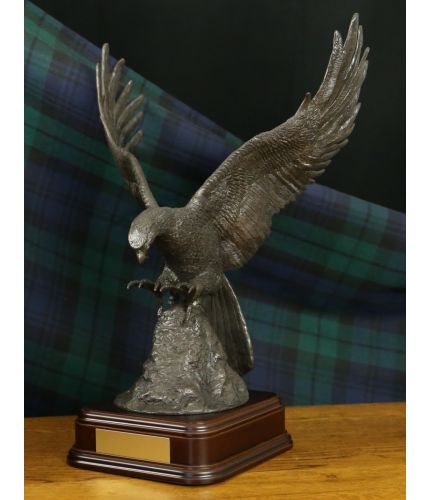 A large scale sculpture of the British Army Air Corps Eagle, cast in bronze cold cast resin. We can add a Military crest to this sculpture. An engraved brass palate is included