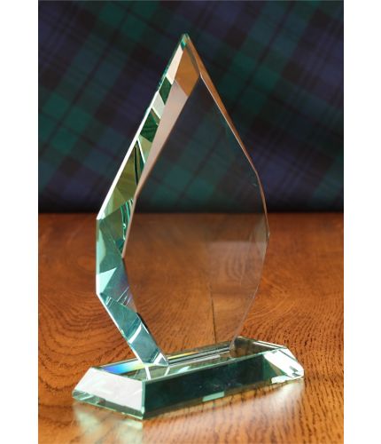 Glass Flame Award, 15cm Tall, Engraved. We include design, set-up, draft approval and engraving on the front of this item.
