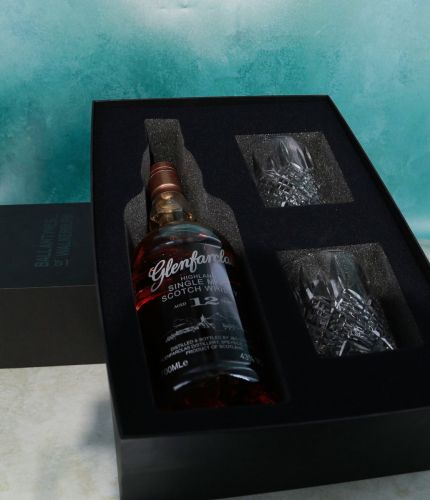 An engraved bottle of 12 Year old Glenfarclas Single Malt Scotch Whisky and two fully cut 10oz crystal whisky tumblers. Full pre-engravng artwork for approval before we commence work.