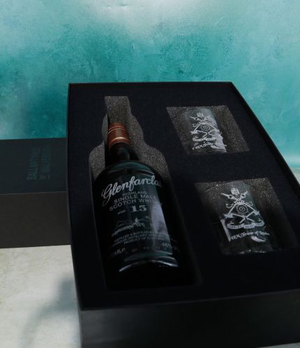 This is a whisky presentation set consisting of an engraved bottle of 15 Year Old Glenfarclas Single Malt Scotch Whisky and two panel cut 10oz crystal whisky tumblers. We work with you on what you'd like us to engrave.