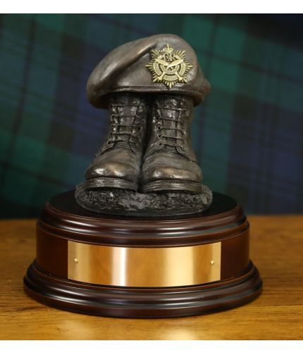 Royal Gurkha Rifles Drill Boots and Beret, cast in cold resin bronze and mounted on a variety of wooden presentation bases. Some with included optional engraved brass plate.