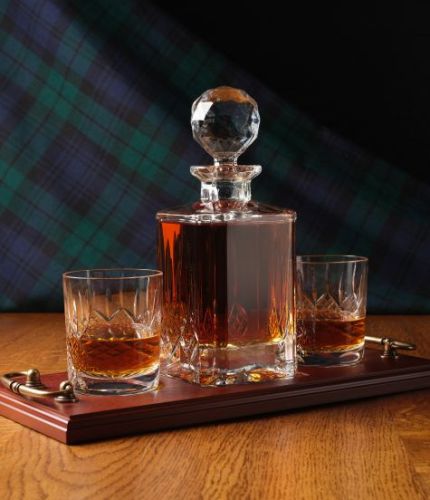 A lead free crystal panel cut square decanter and two tumblers on a serving tray with personalised hand engraving. We sort out your engraving after you order and ask you to approve a final draft before we commence work.