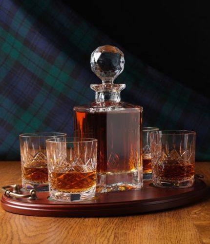 Whisky Tray Set, Panel Style,  5 Crystal Pieces.