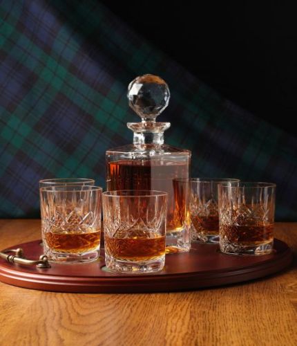 Whisky Tray Set, Panel Style,  7 Crystal Pieces.