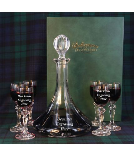 Crystal Plain Style Port decanter and set of 6 glasses hosting set. The product is fully packed into its own satin lined gift boxes. All design and engraving is included. 