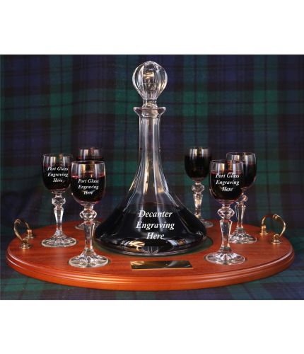 7 piece wooden tray set made up of a plain style 'Ships' Port Decanter and six port glasses on a wooden serving tray and fully gift boxed. Engraving is provided on the glasses and brass plate which is included.
