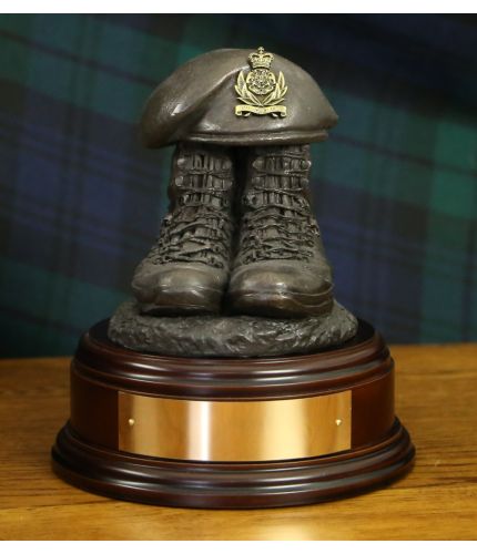 Intelligence Corps Drill Boots and Beret, cast in cold resin bronze and mounted on a choice of four types of wooden base, 3 with optional engraved brass plate.