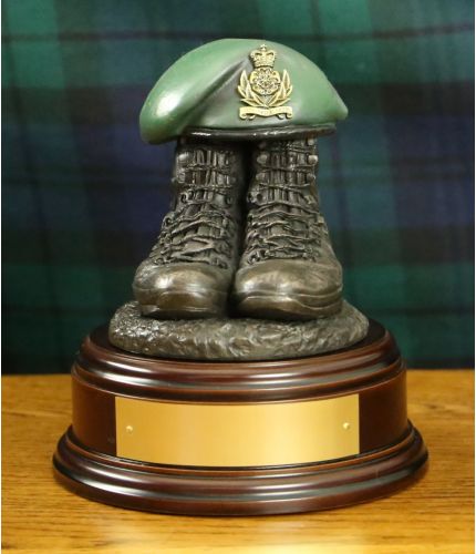 Intelligence Corps Tactical Boots and Beret, cast in cold resin bronze and mounted on a choice of four types of wooden base, 3 with optional engraved brass plate.