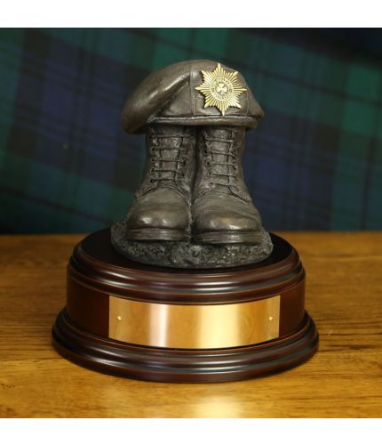 Grenadier Guards Boots and Beret, cast in cold resin bronze and mounted on a square presentation base with included optional engraved brass plate.