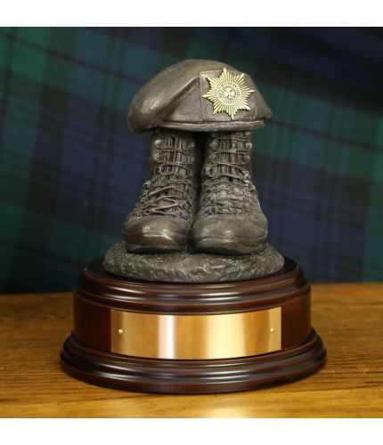 Irish Guards Tactical Boots and Beret, cast in cold resin bronze and mounted on a choice of wooden base with optional engraved brass plate.