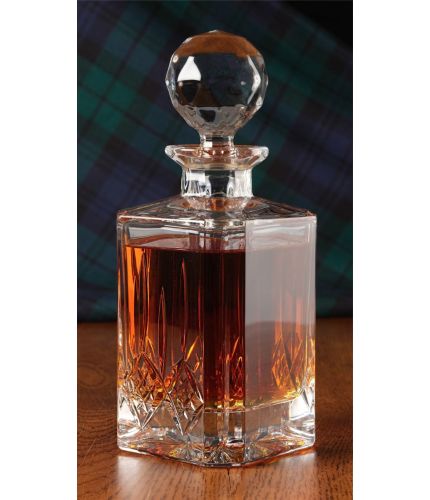 The decanter is made in fine lead free crystal which has more sparkle than glass and feels smoother and more silky to the touch. On this decanter there is a hand cutting on three sided with a blank panel for engraving.