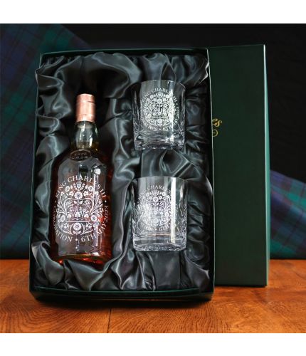 This is a whisky presentation set consisting of a fully engraved bottle of 12 Year old Glenfarclas Single Malt Whisky and two engraved 10oz crystal whisky tumbers. The set is presented in this really nice black box with foam cutouts. We work with you on w