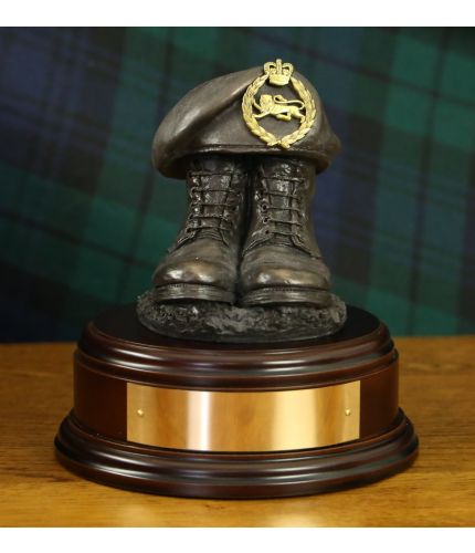 Kings Regiment Boots and Beret, cast in cold resin bronze and mounted on a square presentation base with optional engraved brass plate.
