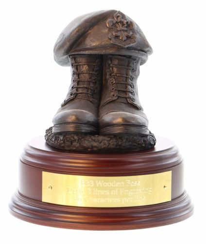 Intelligence Corps Boots and Beret, cast in cold resin bronze and mounted on a square presentation base with optional engraved brass plate.