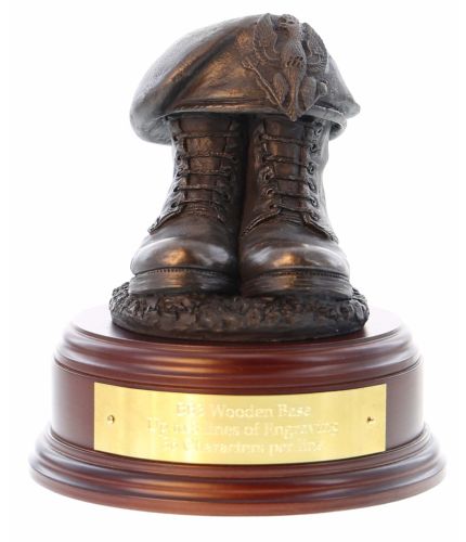 Light Infantry Boots and Beret, cast in cold resin bronze and mounted on a wooden base with optional engraved brass plate.
