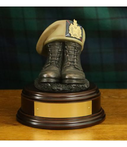 King's Own Scottish Borderers Boots and Tam o Shanter, painted and mounted on a wooden base with optional engraved brass plate.