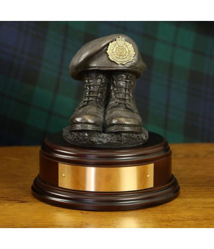 The Duke of Lancaster's Regiment Boots and Beret, cast in cold resin bronze and we offer this Boots and Beret on a choice of presentation bases, the BC2, BC3 and BC4 have room to add an engraved plate.