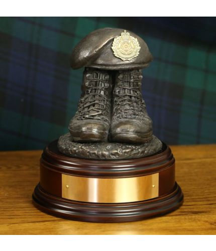 The Duke of Lancaster's Regiment Boots and Beret, cast in resin bronze and we offer this Boots and Beret on a choice of presentation bases, the BD2, BD3 and BD4 have room to add an engraved plate.