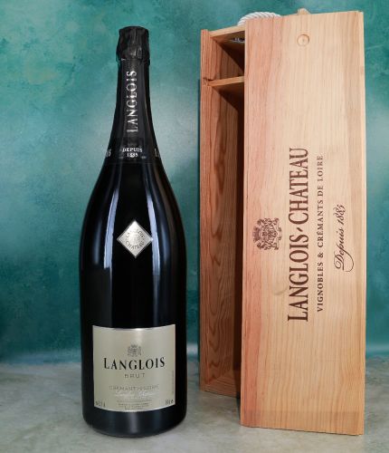 We have a JEROBOAM bottle of Langlois Cremant de Loire Brut. Hand engraved around the two labels, back and front