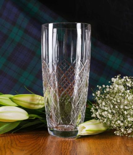 Barrel Crystal Flower Vase, Panel Cut,  26cm Tall, Engraved. We include design, set-up, draft approval and engraving on the front of this item.