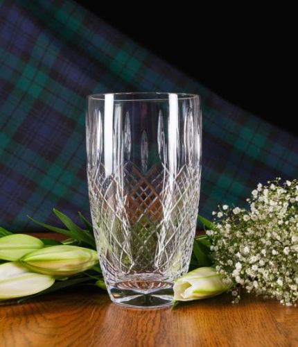 Barrel Crystal Flower Vase, Panel Cut,  23cm Tall, Engraved. We include design, set-up, draft approval and engraving on the front of this item.
