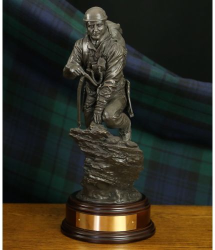 Mountain Rescue Climber sculpture, 12" scale, a perfect retirement award. We include the wooden base as seen as standard, and also a fully engraved brass plate.
