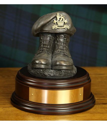 Military Provost Guard Service Boots and Beret, cast in cold resin bronze and mounted on a choice of wooden base with included optional engraved brass plate.