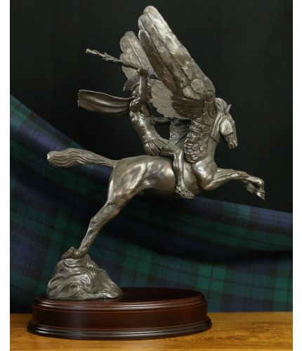 Bellerophon - ‘the slayer of enemies’, astride his winged steed Pegasus. Without the wooden base this sculpture is 18" Tall, 16" from nose to tail and 14" from wingtip to wingtip. We offer a choice of wooden bases.